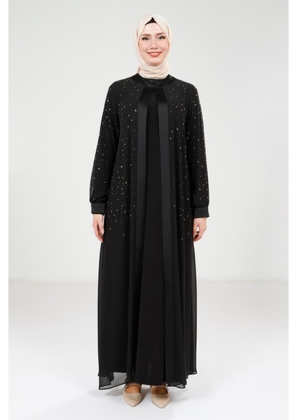 Taş Detaylı Şifon Siyah Abaya Takım 9321