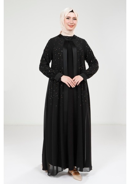 Taş Detaylı Şifon Siyah Abaya Takım 9321