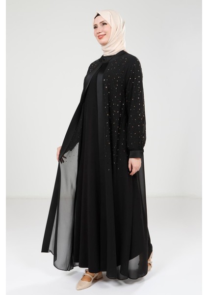 Taş Detaylı Şifon Siyah Abaya Takım 9321