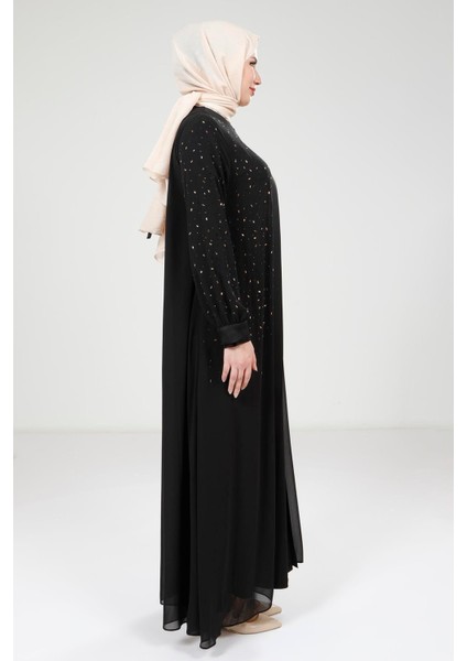 Taş Detaylı Şifon Siyah Abaya Takım 9321