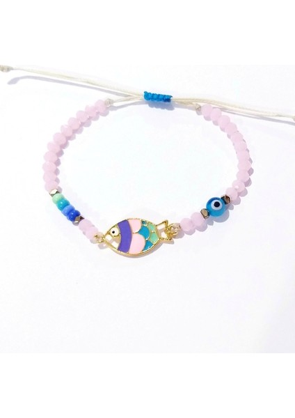 Pembe Kristal Çek Cam ve Nazar Boncuklu Hematit Doğaltaşlı Mineli Balık Bileklik
