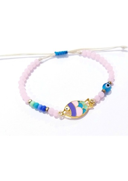 Pembe Kristal Çek Cam ve Nazar Boncuklu Hematit Doğaltaşlı Mineli Balık Bileklik fiyatları