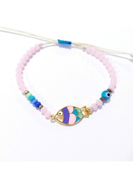 Pembe Kristal Çek Cam ve Nazar Boncuklu Hematit Doğaltaşlı Mineli Balık Bileklik modelleri