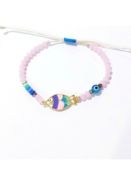 Pembe Kristal Çek Cam ve Nazar Boncuklu Hematit Doğaltaşlı Mineli Balık Bileklik fırsatları
