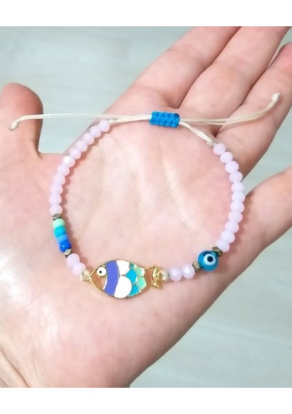 Pembe Kristal Çek Cam ve Nazar Boncuklu Hematit Doğaltaşlı Mineli Balık Bileklik indirimleri