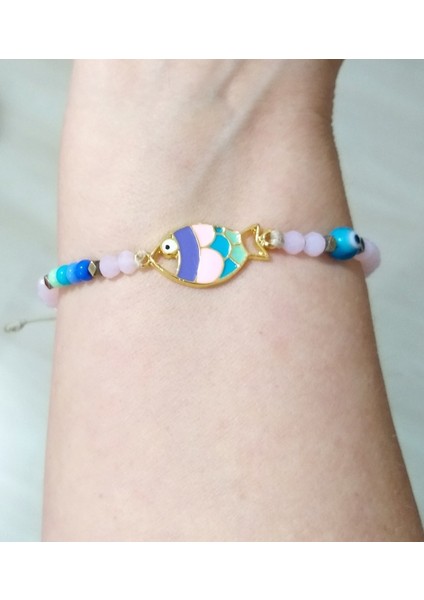 Pembe Kristal Çek Cam ve Nazar Boncuklu Hematit Doğaltaşlı Mineli Balık Bileklik