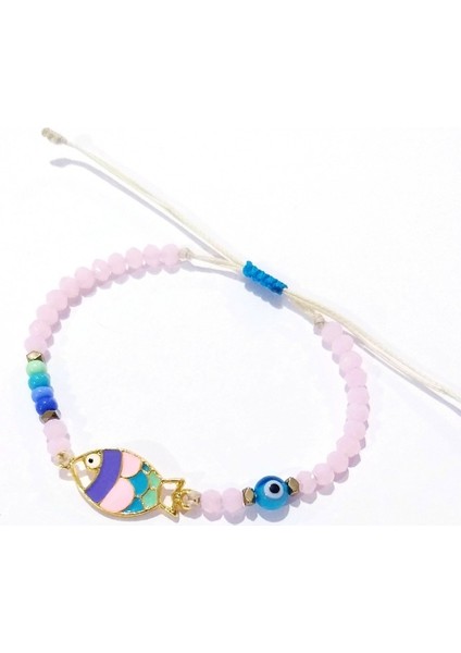 Pembe Kristal Çek Cam ve Nazar Boncuklu Hematit Doğaltaşlı Mineli Balık Bileklik