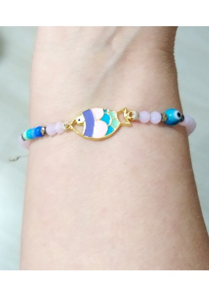 Pembe Kristal Çek Cam ve Nazar Boncuklu Hematit Doğaltaşlı Mineli Balık Bileklik