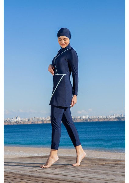 Kadın Lacivert 3’lü Tesettür Mayo Takımı – Uzun Kollu, Boneli, Tam Kapalı C1T1N2O52-2