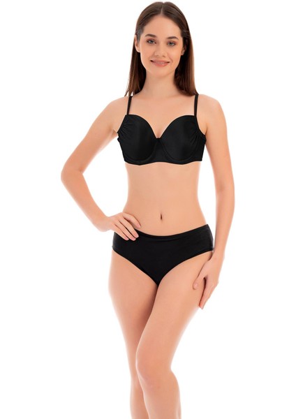 Kadın Siyah Balenli Boş Kap Bikini Takımı – 2 Parça Destekli Askılı C6T7N1O52-5