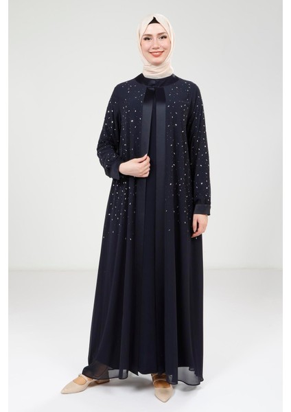 Taş Detaylı Şifon Lacivert Abaya Takım 9321
