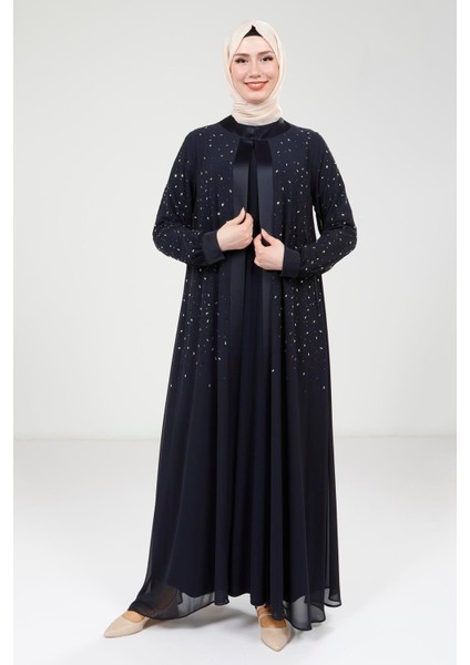Taş Detaylı Şifon Lacivert Abaya Takım 9321