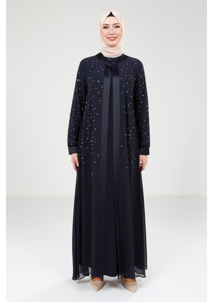 Taş Detaylı Şifon Lacivert Abaya Takım 9321