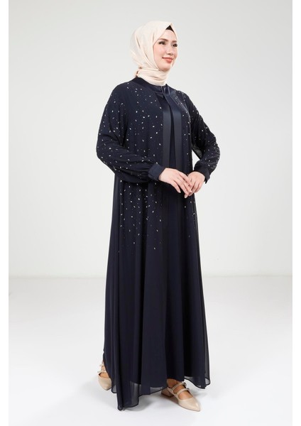 Taş Detaylı Şifon Lacivert Abaya Takım 9321