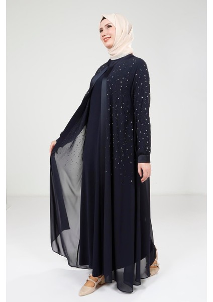 Taş Detaylı Şifon Lacivert Abaya Takım 9321