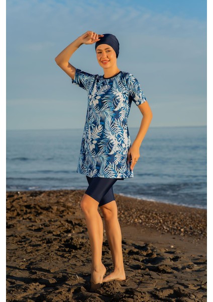 adın Kısa Kollu Yaprak Desenli Lacivert Taytlı Yarı Tesettür Mayo C3T5N2O52-3