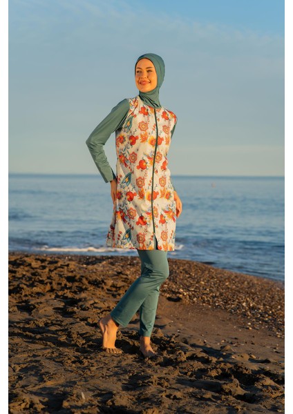 Kadın Paraşüt Kumaş Fermuarlı Petrol Renkli Çiçek Desenli Tam Tesettür Mayo C1T5N4O2-6