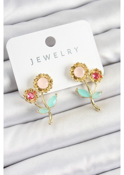 Pirinç Renkli Zirkon Taşlı Papatya Model Gold Renk Kadın Küpe