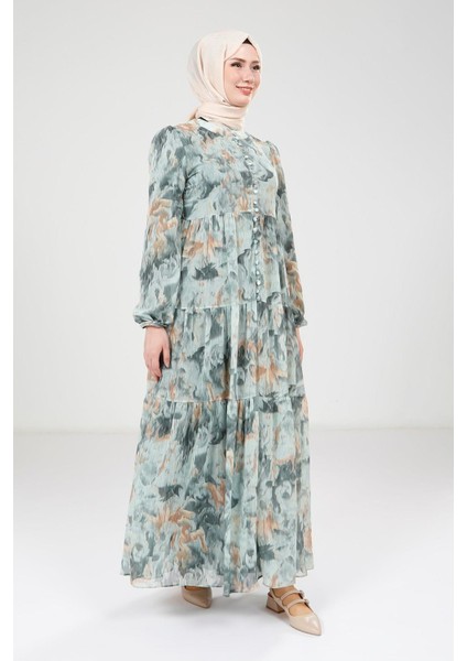 Baskılı Düğmeli Yeşil Elbise 9390 fiyatları