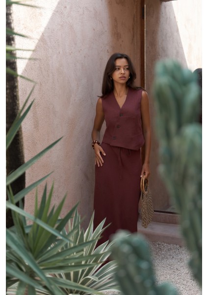 Elod Düğme Detay Bordo Keten Yelek