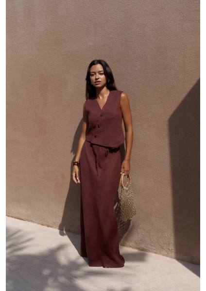 Elod Düğme Detay Bordo Keten Yelek fiyatları