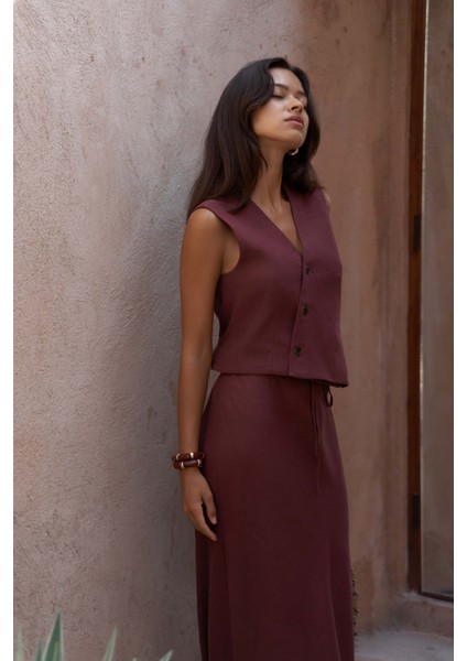 Elod Düğme Detay Bordo Keten Yelek modelleri