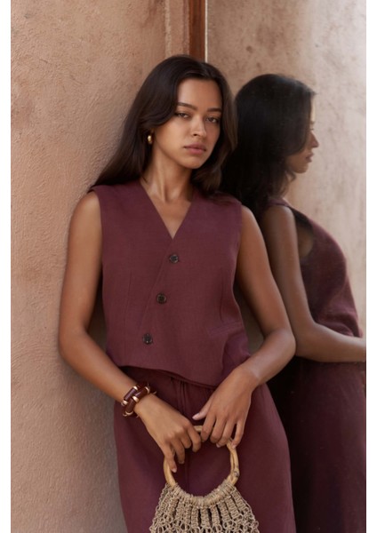 Elod Düğme Detay Bordo Keten Yelek fırsatları