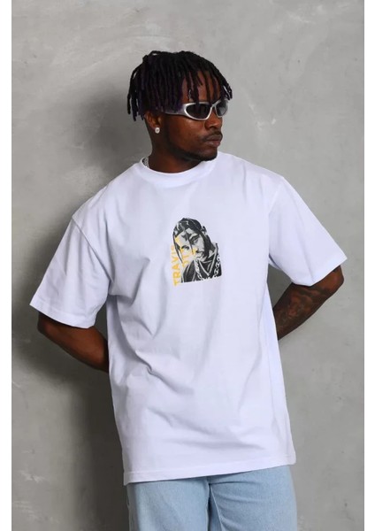 Unisex Oversize Baskılı Bisiklet Yaka T-Shirt - Beyaz