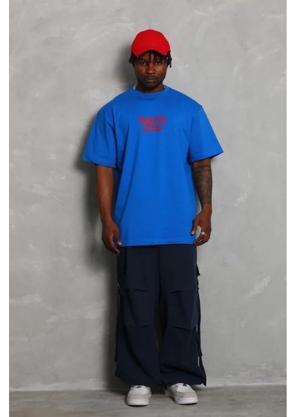Unisex Oversize Baskılı Bisiklet Yaka T-Shirt - Mavi fiyatları