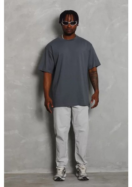 Unisex Oversize Düz Bisiklet Yaka T-Shirt - Füme fiyatları