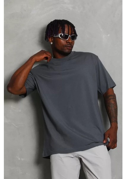 Unisex Oversize Düz Bisiklet Yaka T-Shirt - Füme modelleri