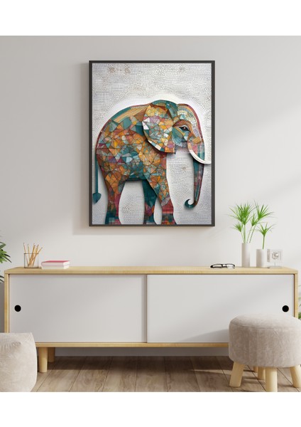 Metal Çerçeveli Gerçek Camlı Tablo Mozaik Desenli Fil