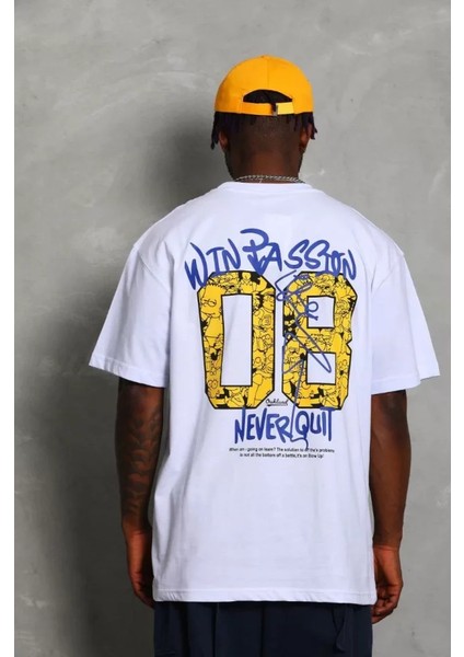 Unisex Oversize Baskılı Bisiklet Yaka T-Shirt - Beyaz fırsatları