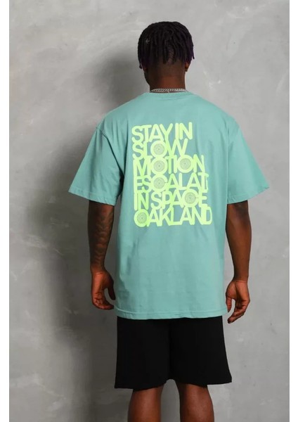 Unisex Oversize Baskılı Bisiklet Yaka T-Shirt - Mint Yeşili