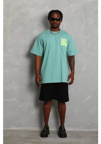 Unisex Oversize Baskılı Bisiklet Yaka T-Shirt - Mint Yeşili modelleri