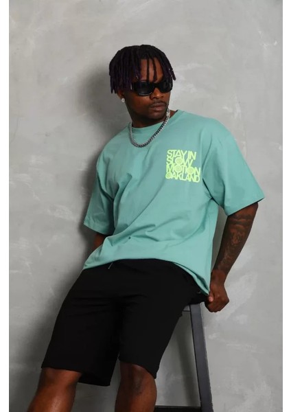 Unisex Oversize Baskılı Bisiklet Yaka T-Shirt - Mint Yeşili fırsatları