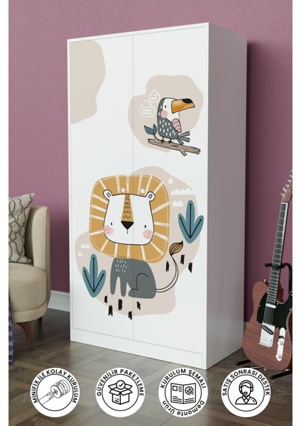 Jungle Animals Design "calista" Gardırop 5 Raflı Askılı Çocuk Odasi Elbise Dolabı