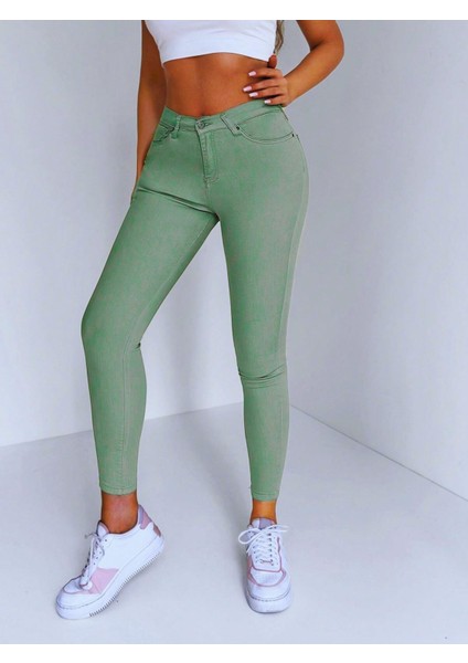 Kadın Yüksek Bel Likralı Skinny Fit Kot Pantolon Yeşil