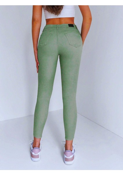 Kadın Yüksek Bel Likralı Skinny Fit Kot Pantolon Yeşil fırsatları