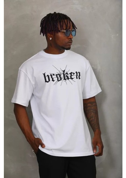 Unisex Oversize Baskılı Bisiklet Yaka T-Shirt - Beyaz