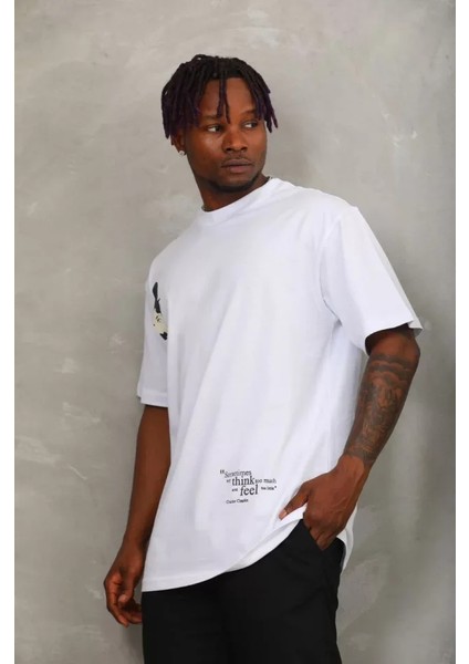 Unisex Oversize Baskılı Bisiklet Yaka T-Shirt - Beyaz fiyatları