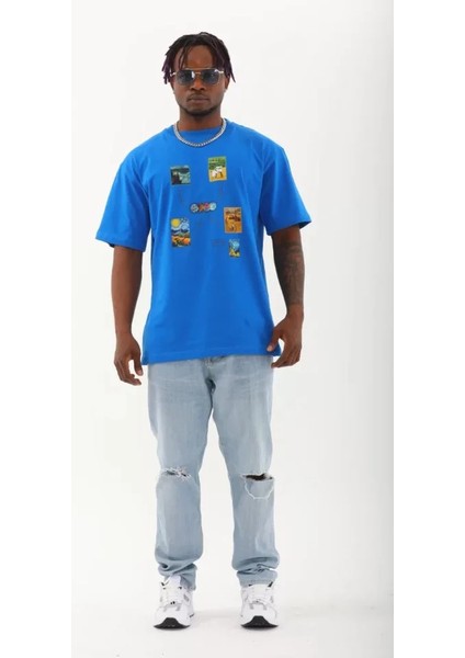 Unisex Oversize Baskılı Bisiklet Yaka T-Shirt - Mavi fırsatları