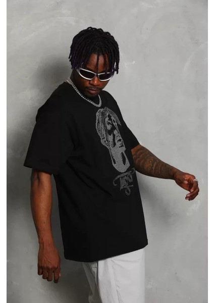 Unisex Oversize Taşlı Bisiklet Yaka T-Shirt - Siyah modelleri