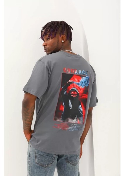 Unisex Oversize Baskılı Bisiklet Yaka T-Shirt - Füme modelleri