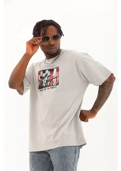 Unisex Oversize Baskılı Bisiklet Yaka T-Shirt - Gri