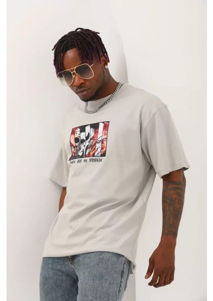 Unisex Oversize Baskılı Bisiklet Yaka T-Shirt - Gri modelleri