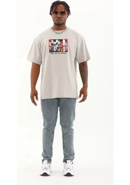 Unisex Oversize Baskılı Bisiklet Yaka T-Shirt - Gri fırsatları