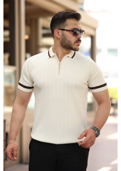 Erkek Yaka ve Kolları Çizgi Detaylı Fermuarlı Kısa Kollu T-Shirt
