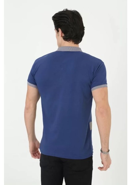Erkek Yakalı Slim Fit Baskılı T-Shirt - Mavi fiyatları