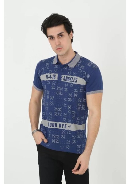 Erkek Yakalı Slim Fit Baskılı T-Shirt - Mavi modelleri